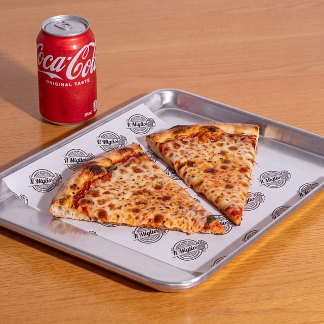 2 Regular Cheese Slices with a Can of Soda.